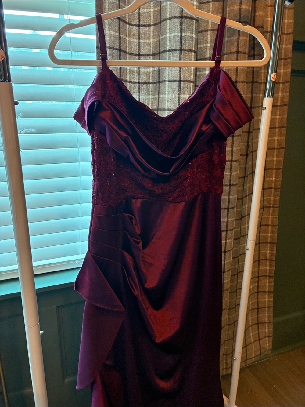 Miusol Wine Red Satin Prom Gown with Lace Bodice